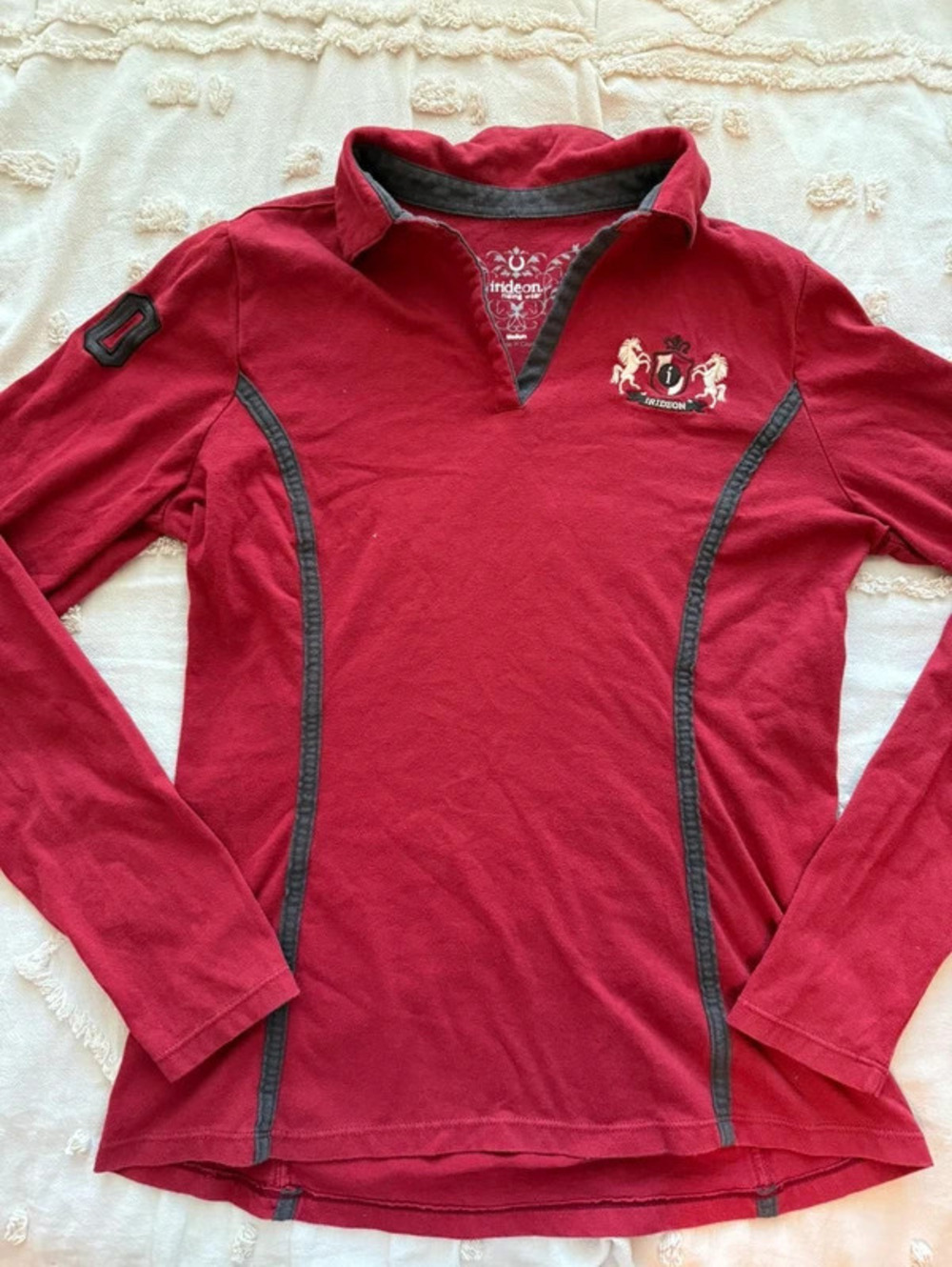 Irideon Riding Wear Red Equestrian Long Sleeve Polo Shirt Horse Crest Size M